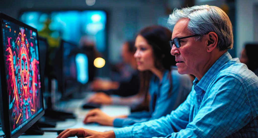 Zdjęcie pokazuje dwoje pracowników biurowych: mężczyznę w średnim wieku na pierwszym planie i młodą kobietę przed monitorami komputerów.