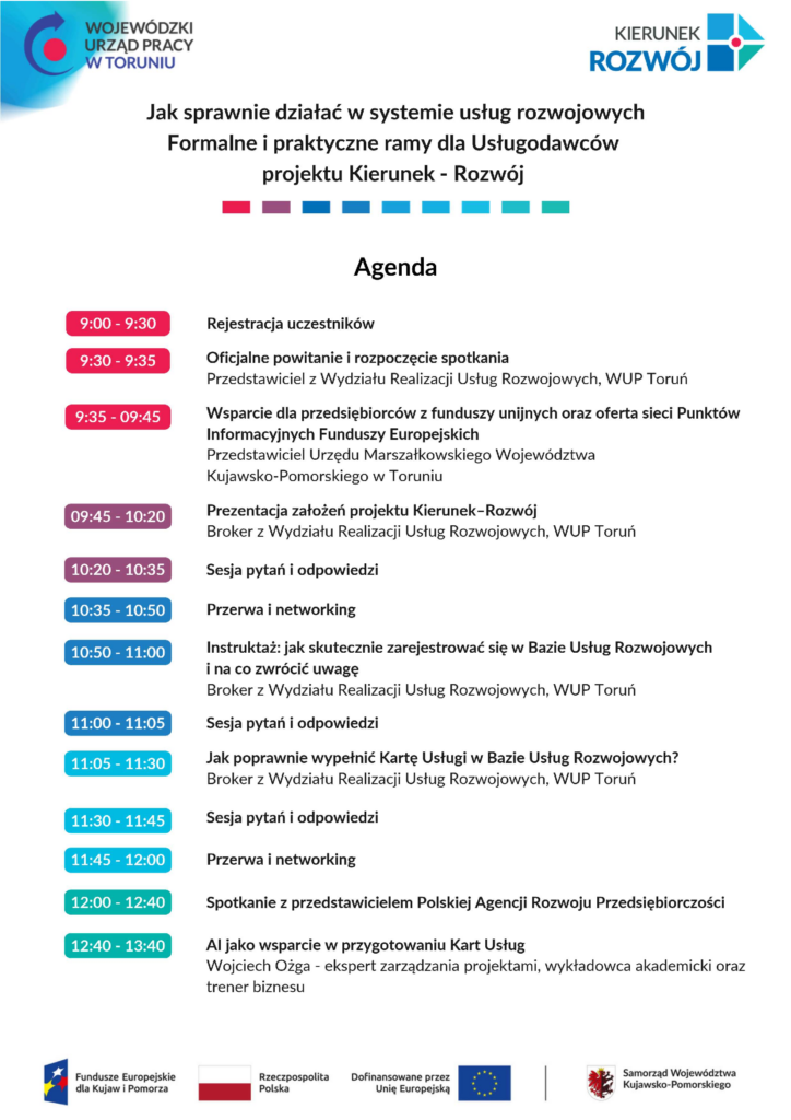 Agenda spotkania dla usługodawców w projekcie Kierunek-Rozwój.